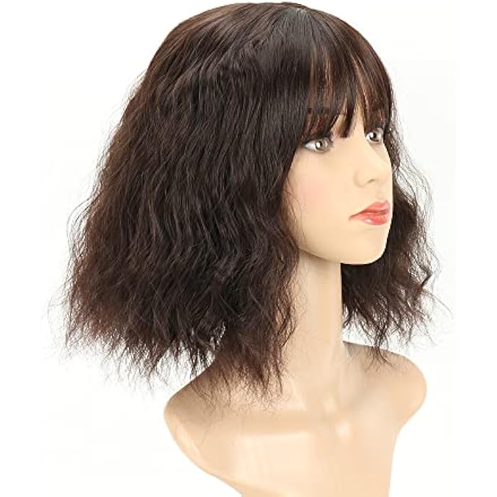 DILLARDS Eliza Curly Short Bob Wigs With Air Bangs 11 Inch Mixed Brown Synthetic Water Wavy Shaggy Bob Wigs For White Women Synthetic Cosplay Wig For Girls Daily Use Colorful Wigs(Mixed Brown) - Image 1